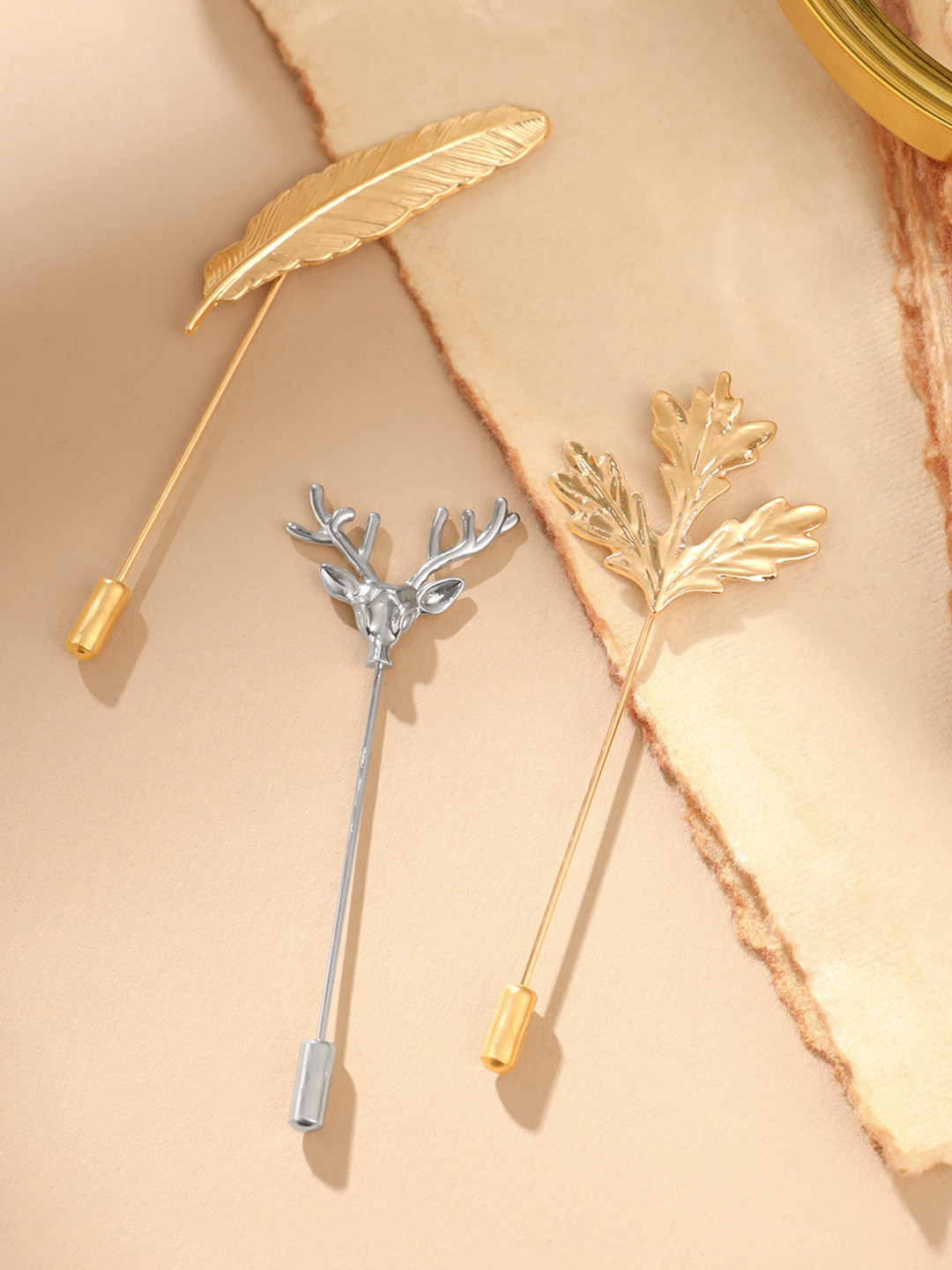 Yellow Chimes Men Set Of 3 Gold-Toned & Silver-Toned Embellished Lapel Pins