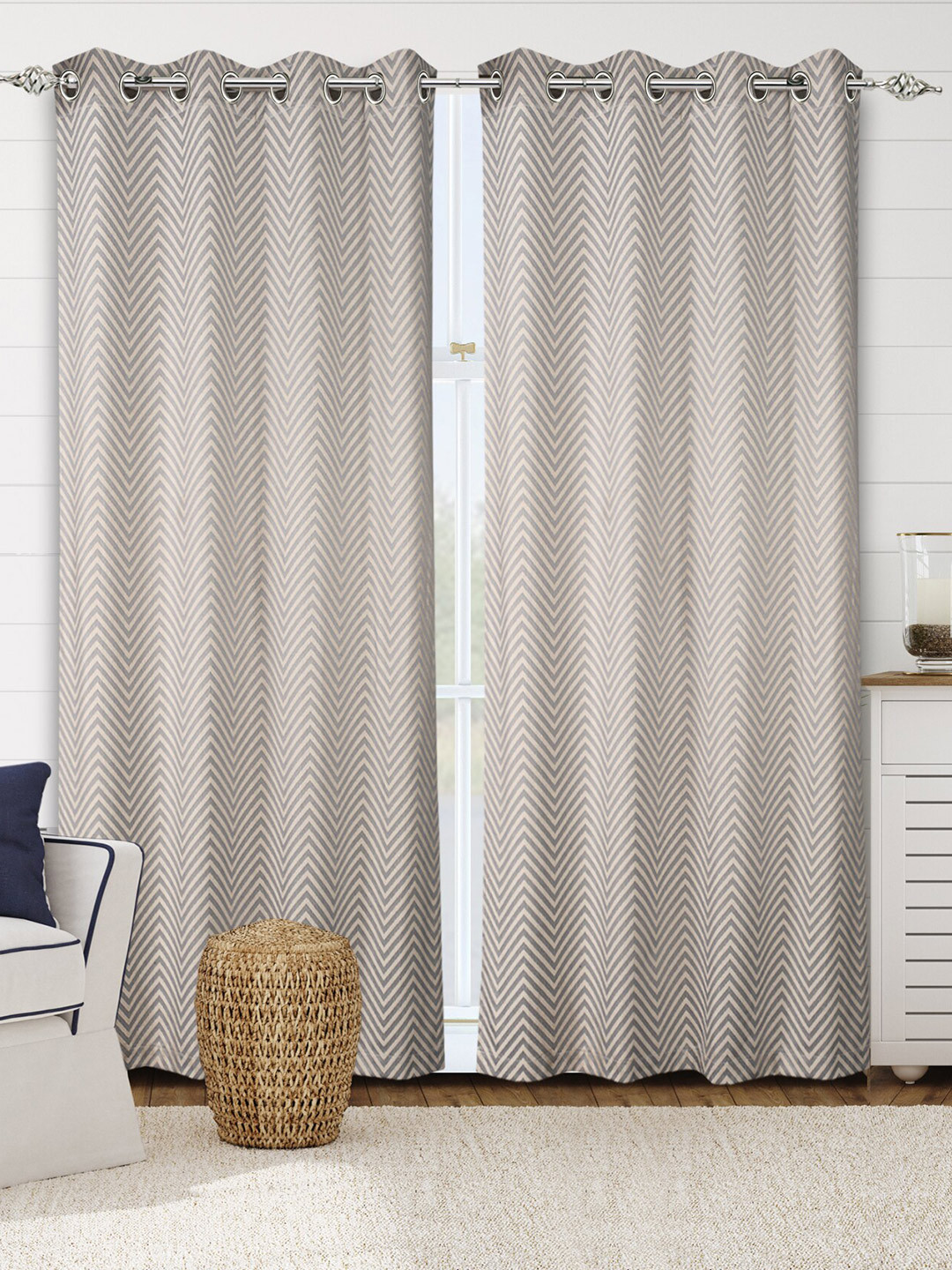 Saral Home Chevron Cotton Set of 2 Grey Long Door Curtains