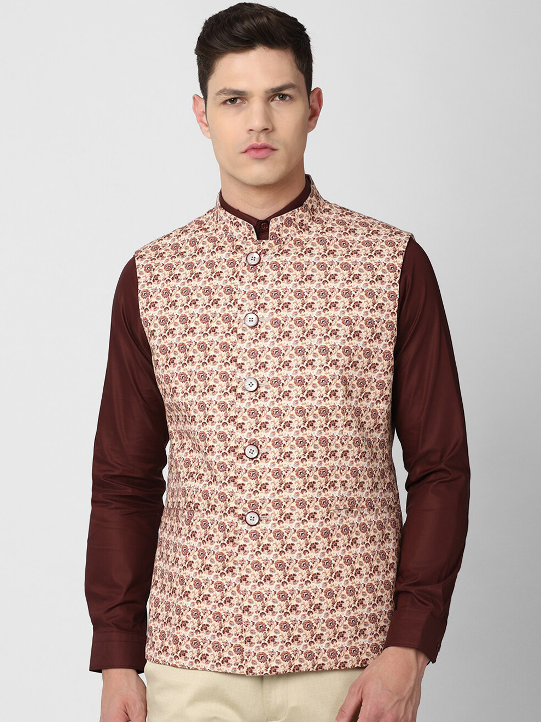 Van Heusen Men Maroon Woven Design Nehru Jackets