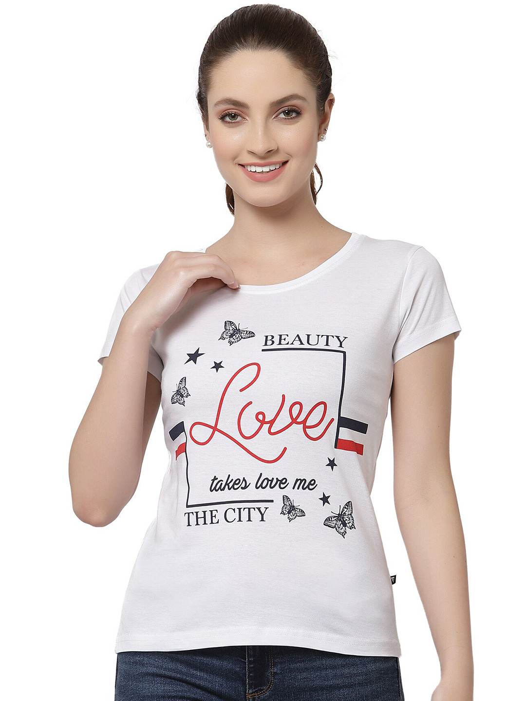 PROTEENS Women White & Red Typography Printed Cotton T-shirt