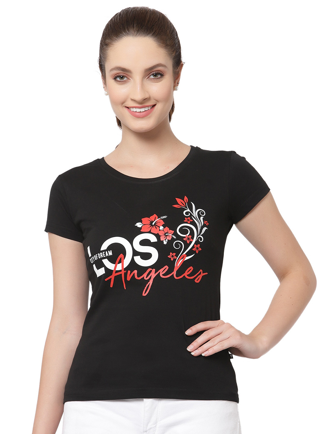 PROTEENS Women Black & Red Printed Cotton T-shirt