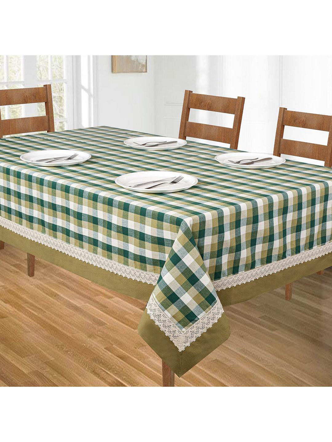SHADES of LIFE Green & White 6-Seater Checked Table Cover
