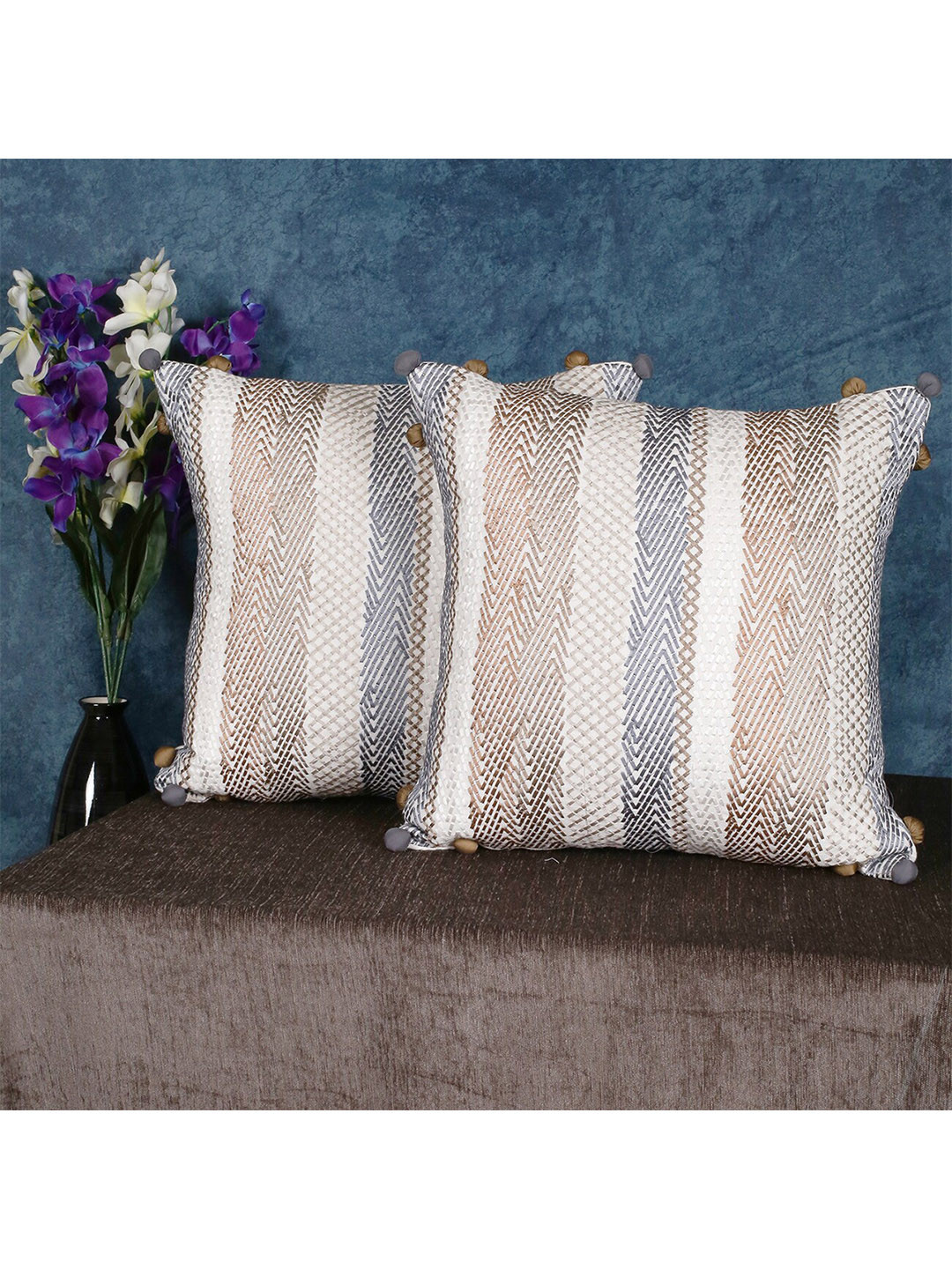 SHADES of LIFE Beige Geometric Cotton 2 Piece Embroidered Square Cushion Covers -16x16In