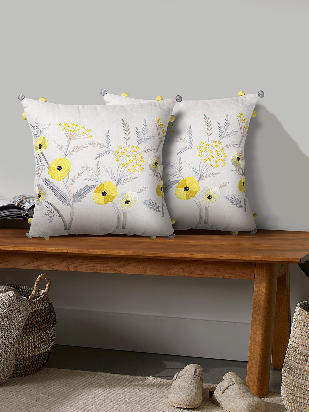 SHADES of LIFE Cream-Coloured & Yellow Set of 2 Embroidered Cotton Square Cushion Covers