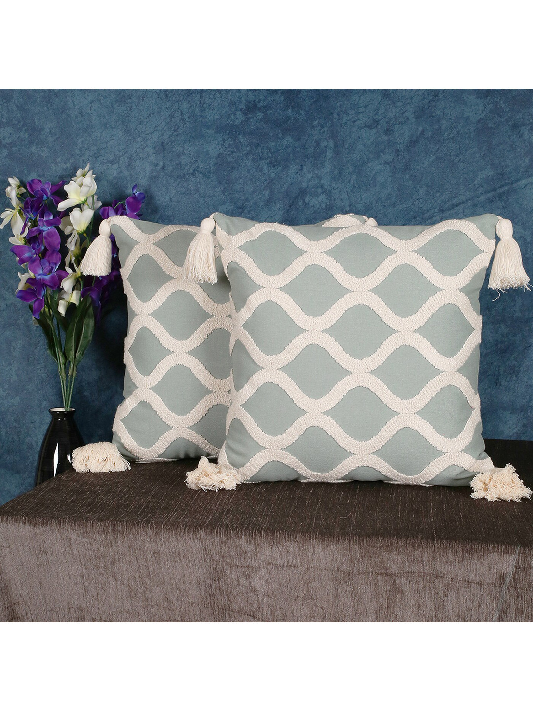 SHADES of LIFE Geometric Cotton Breathable 2 Pcs Embroidered Cushion Covers -16x16In