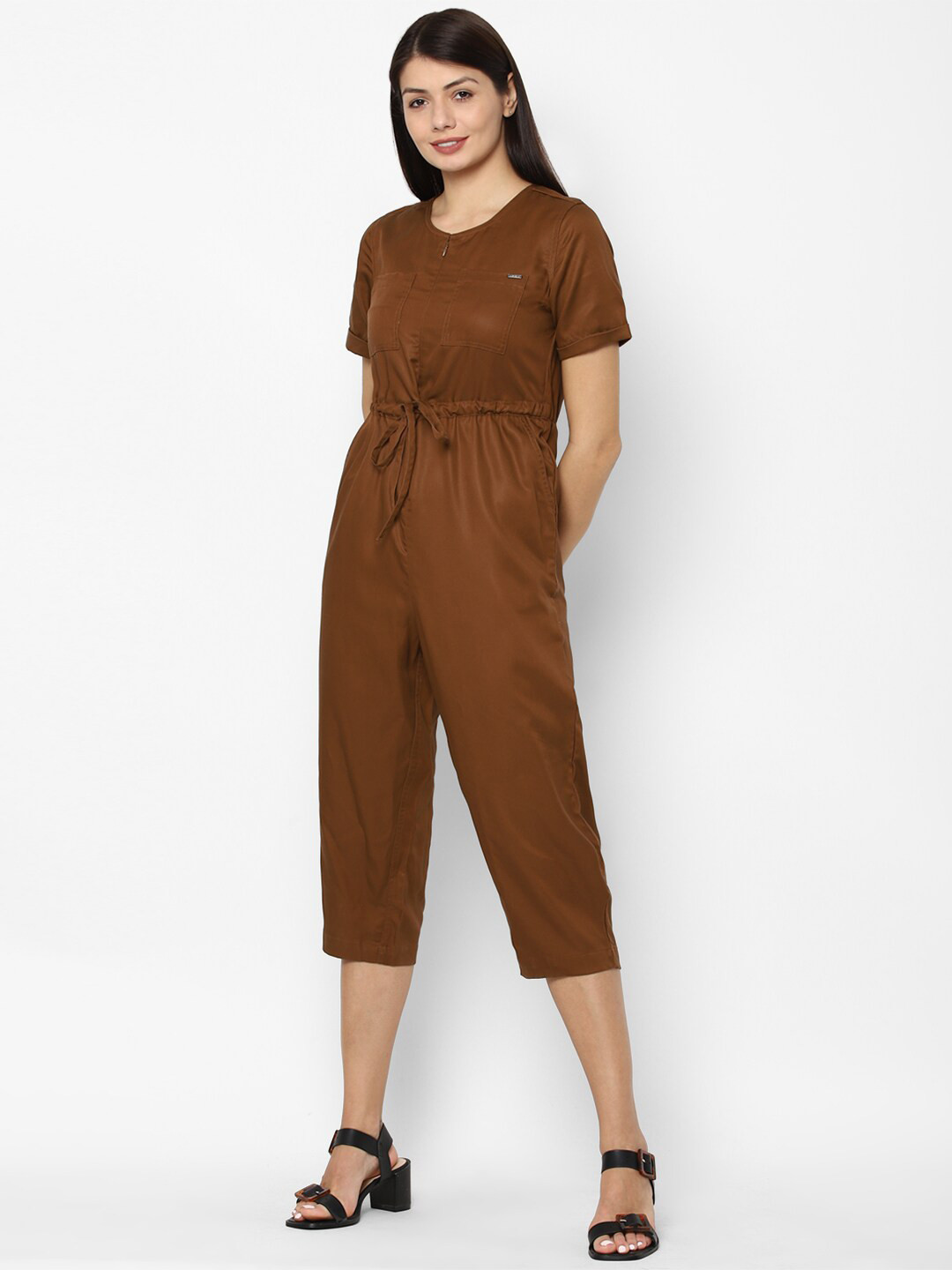 Allen Solly Woman Brown Solid Tencel Basic Jumpsuit