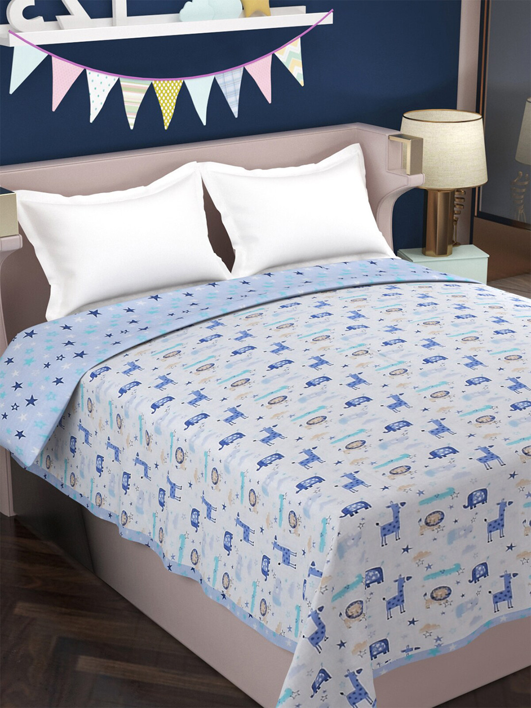 Florida Blue & White Cartoon Characters AC Room 120 GSM Reversible Double Bed Dohar