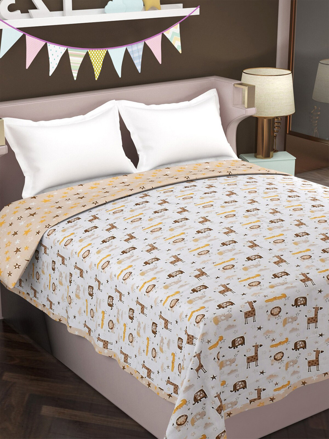 Florida Beige Cartoon Characters AC Room 120 GSM Reversible Double Bed Dohar