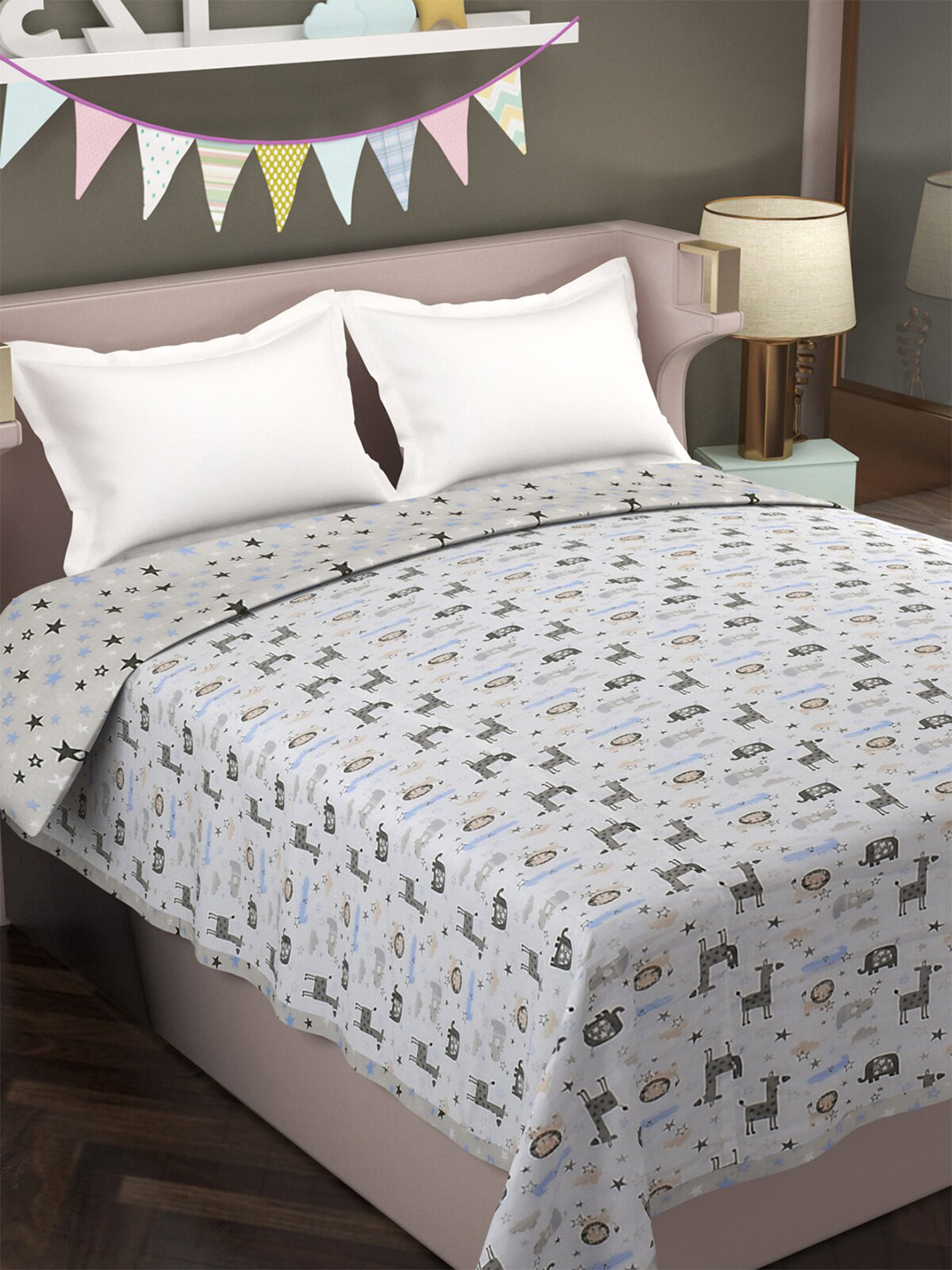 Florida Grey & Blue Cartoon Characters Cotton AC Room 120 GSM Double Bed Dohar
