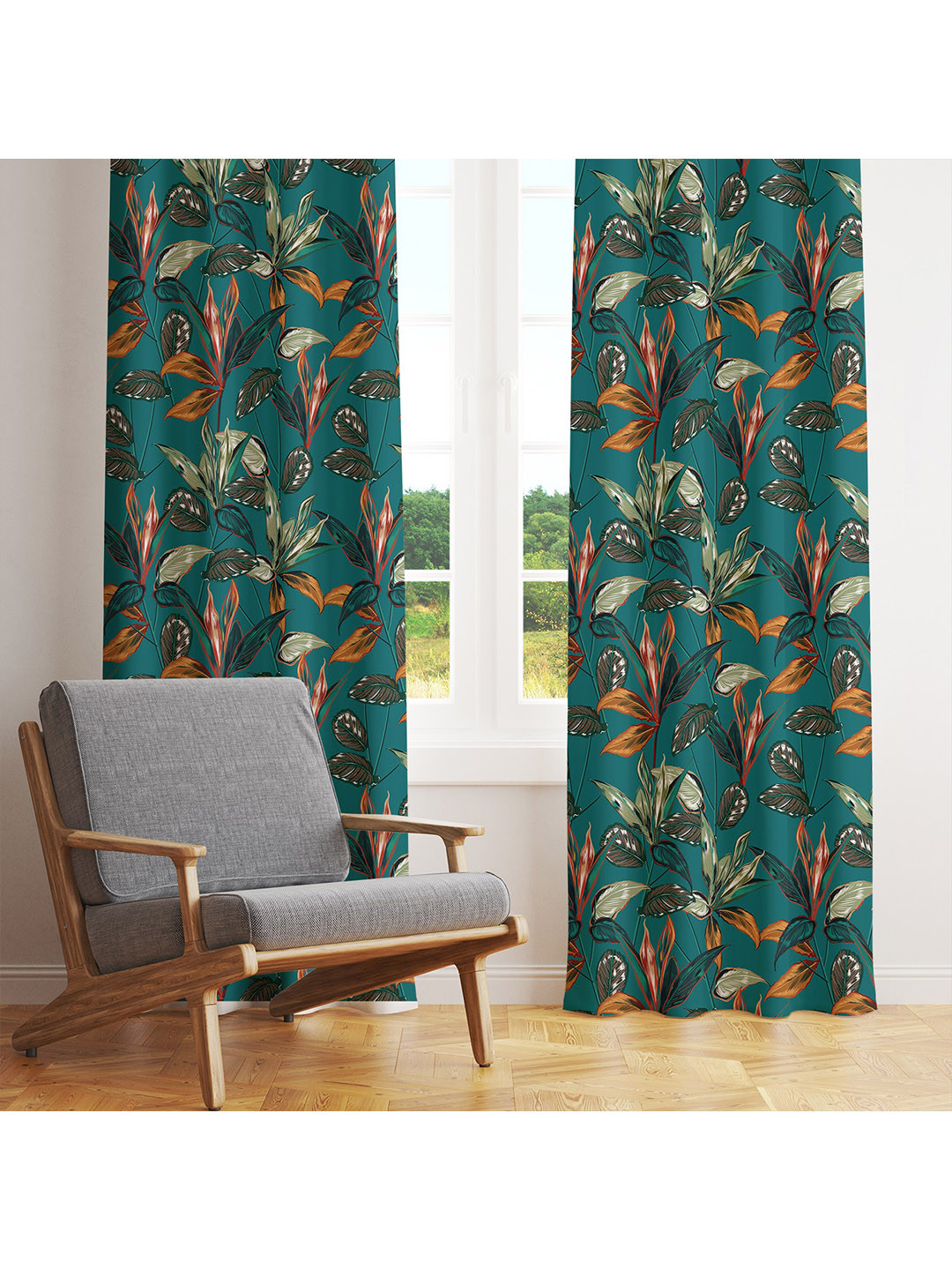 STYBUZZ Green & Rust Set of 2 Floral Room Darkening Door Curtain