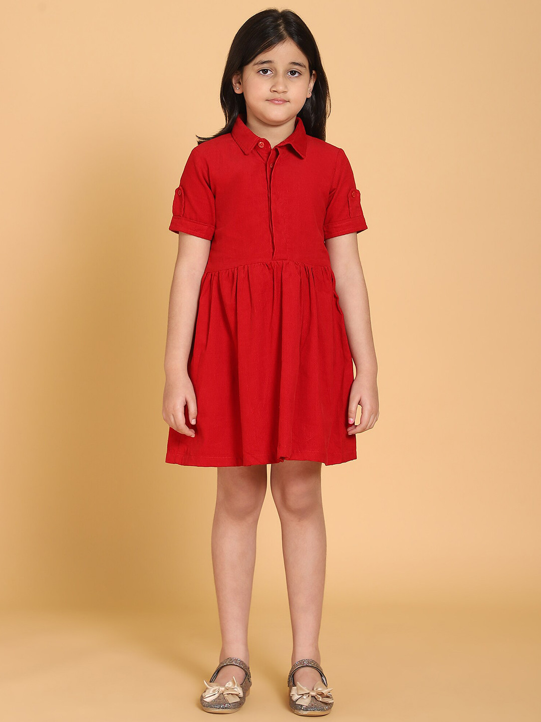 PICCOLO Girls Red Solid Corduroy Shirt Dress