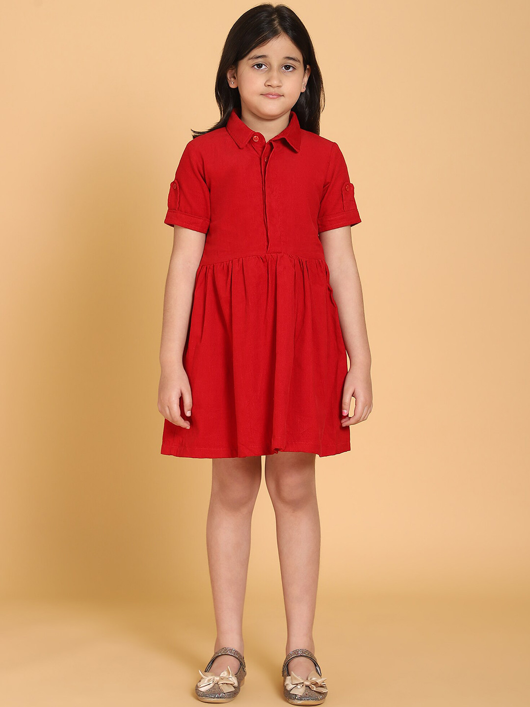 PICCOLO Red Corduroy Cotton Collared Shirt Dress