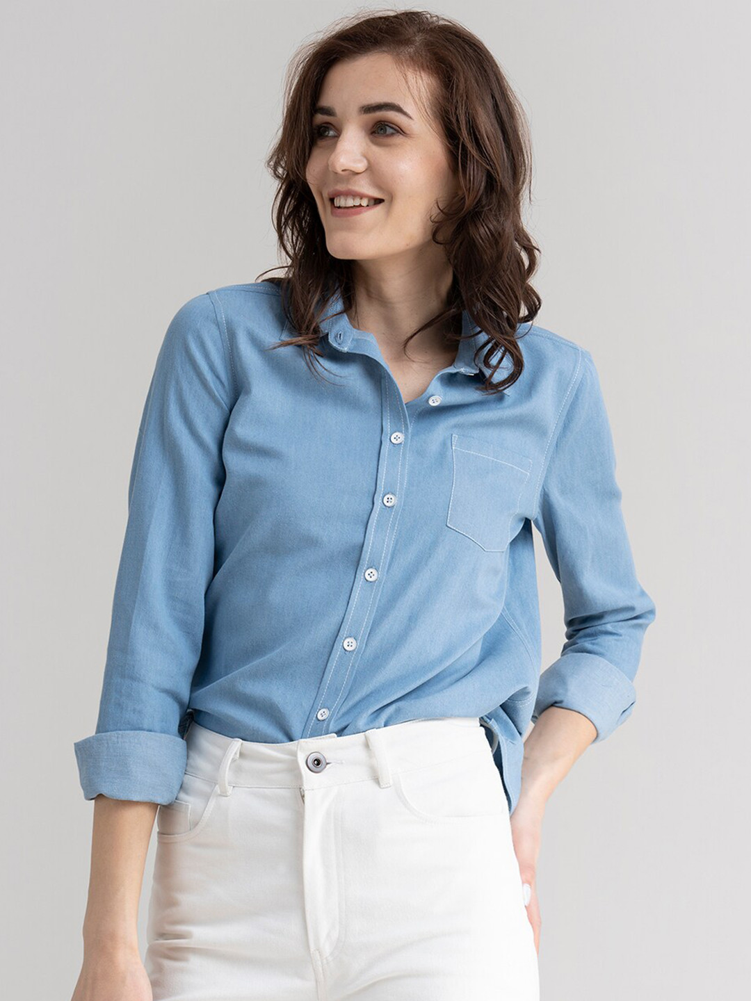 FableStreet Women Blue Comfort Boxy Denim Formal Shirt