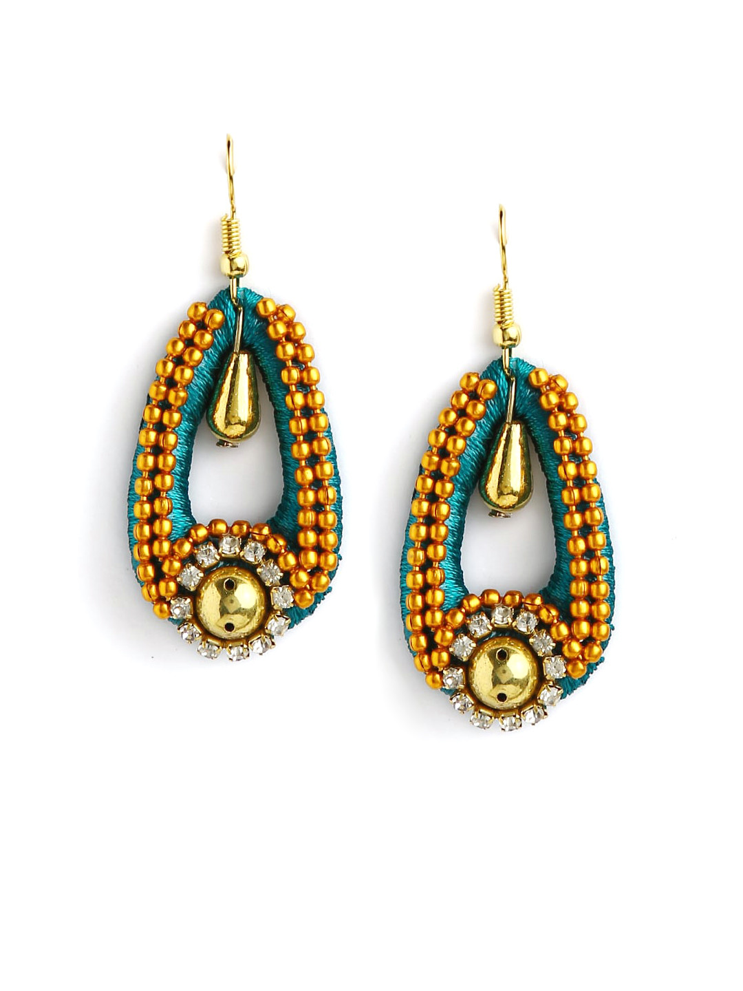 AKSHARA Green & Gold-Toned Teardrop Shaped Drop Earrings