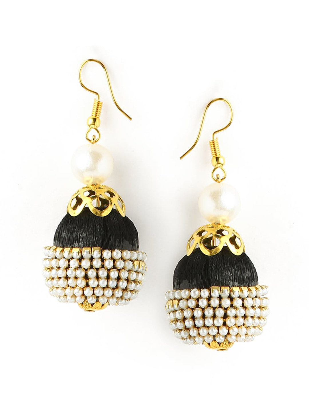AKSHARA Black Green & Gold-Toned Dome Shaped Beaded Drop Earrings