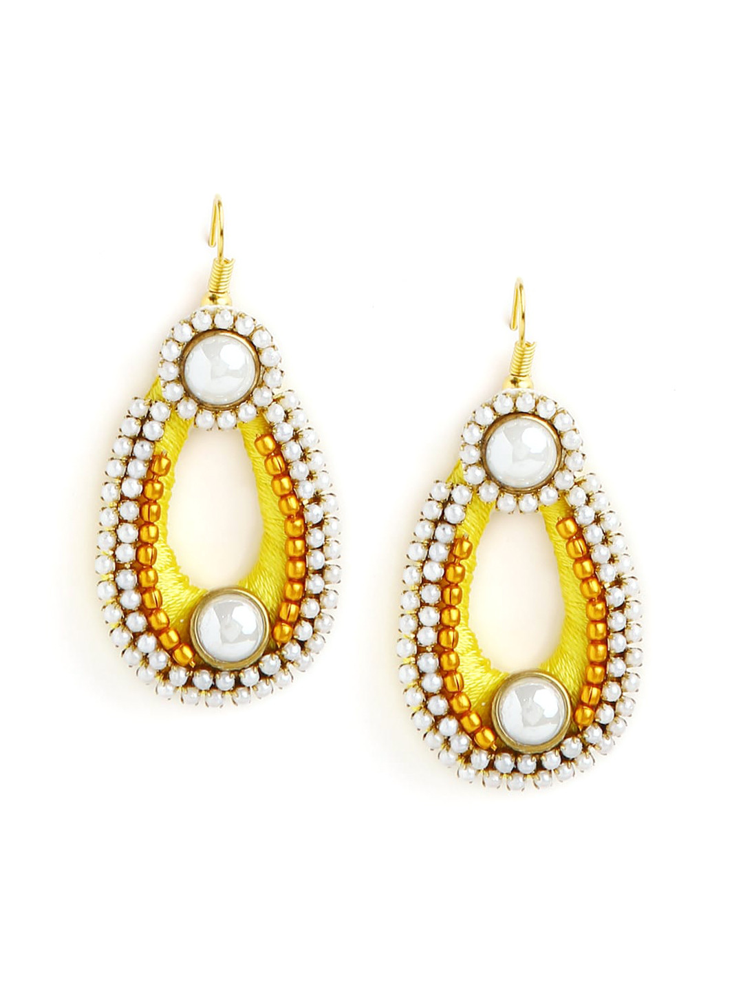 AKSHARA Yellow & Gold-Toned Teardrop Shaped Drop Earrings