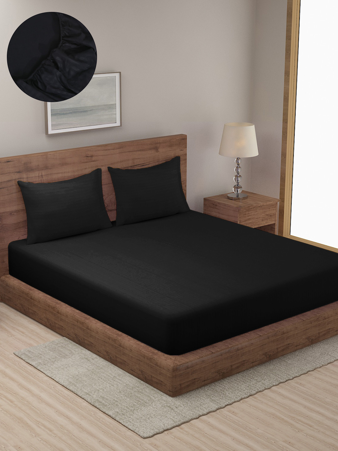 HOSTA HOMES Black Striped Satin 280 TC Fitted King Fine Bedsheet with 2 Pillow Covers-108 x 90 inches