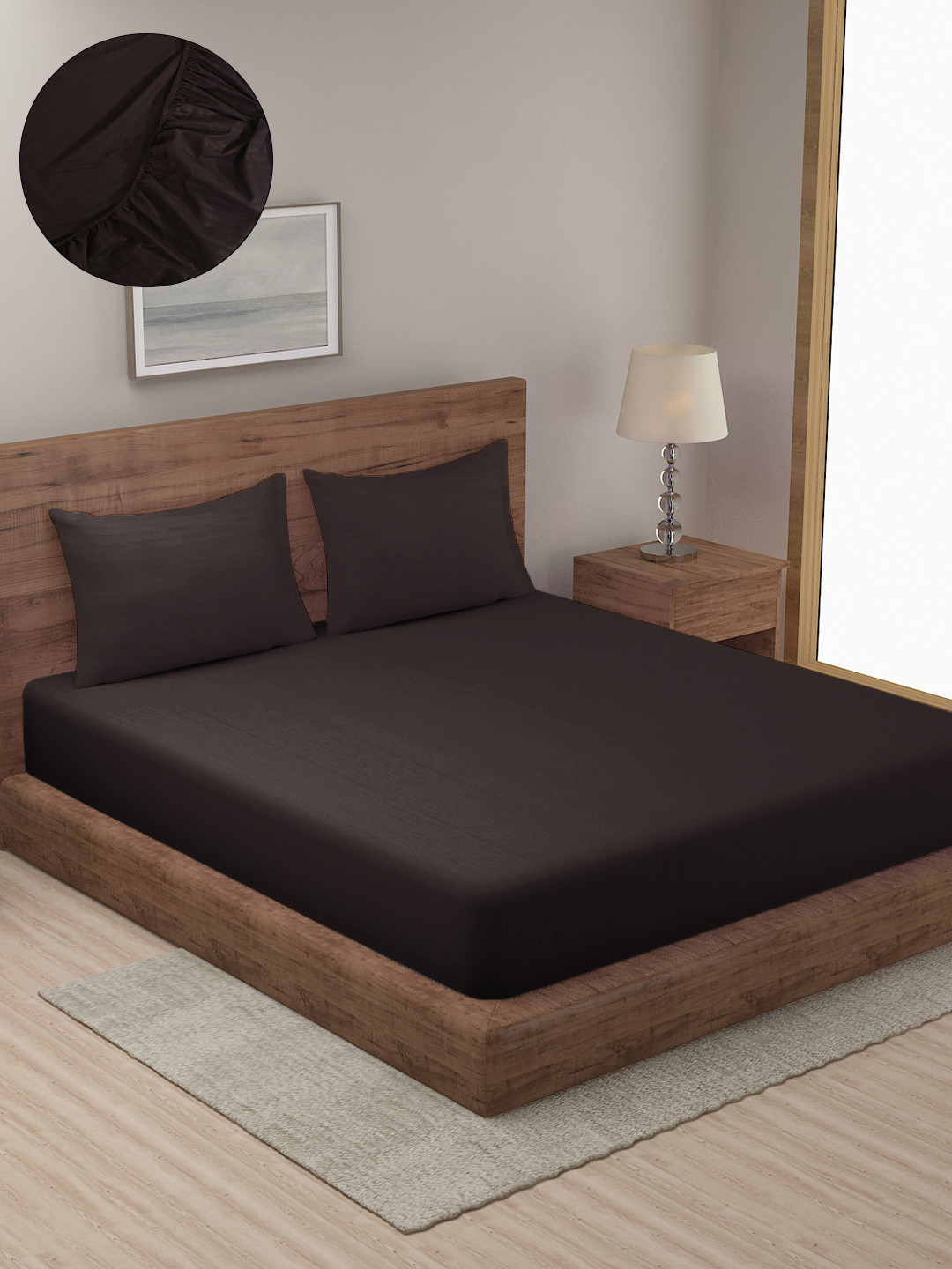 HOSTA HOMES Brown Striped Poly Satin 300 TC Fitted King Fine Bedsheet with 2 Pillow Covers-100 x 108 inches