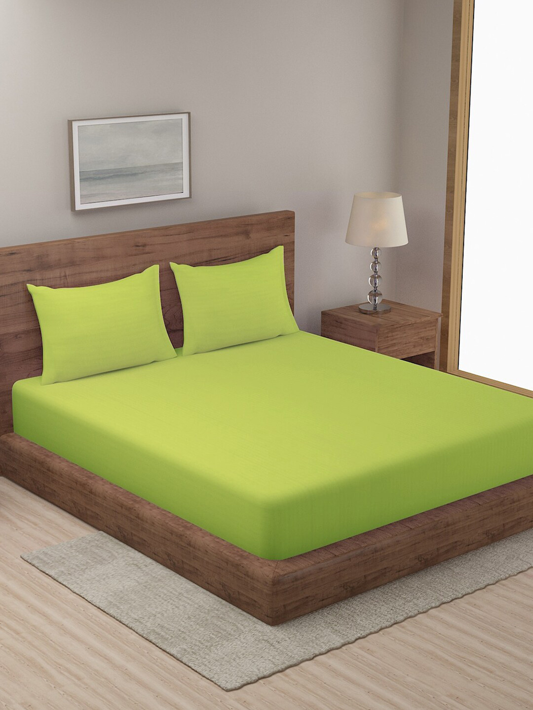 HOSTA HOMES Green Striped Satin 300 TC King Fine Bedsheet with 2 Pillow Covers-108 x 90 inches