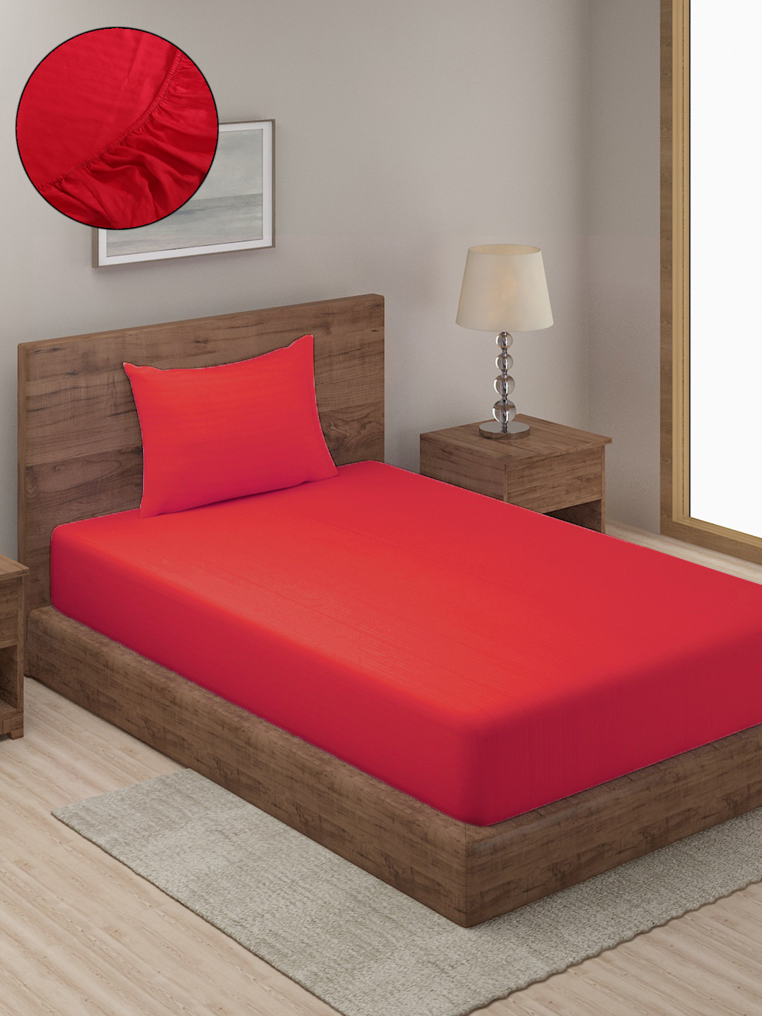 HOSTA HOMES Ethnic Red Striped Poly Satin 260 TC Fitted Single Fine Bedsheet with a Pillow Cover-30 x 20 inches