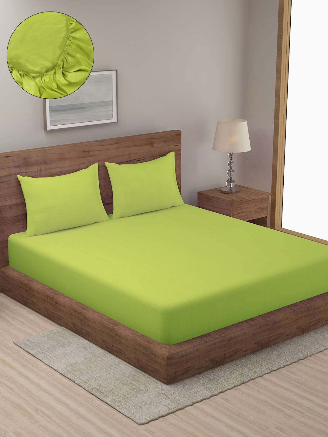 HOSTA HOMES Green Poly Satin 300 TC Fitted King Fine Bedsheet with 2 Pillow Covers-108 x 90 inches