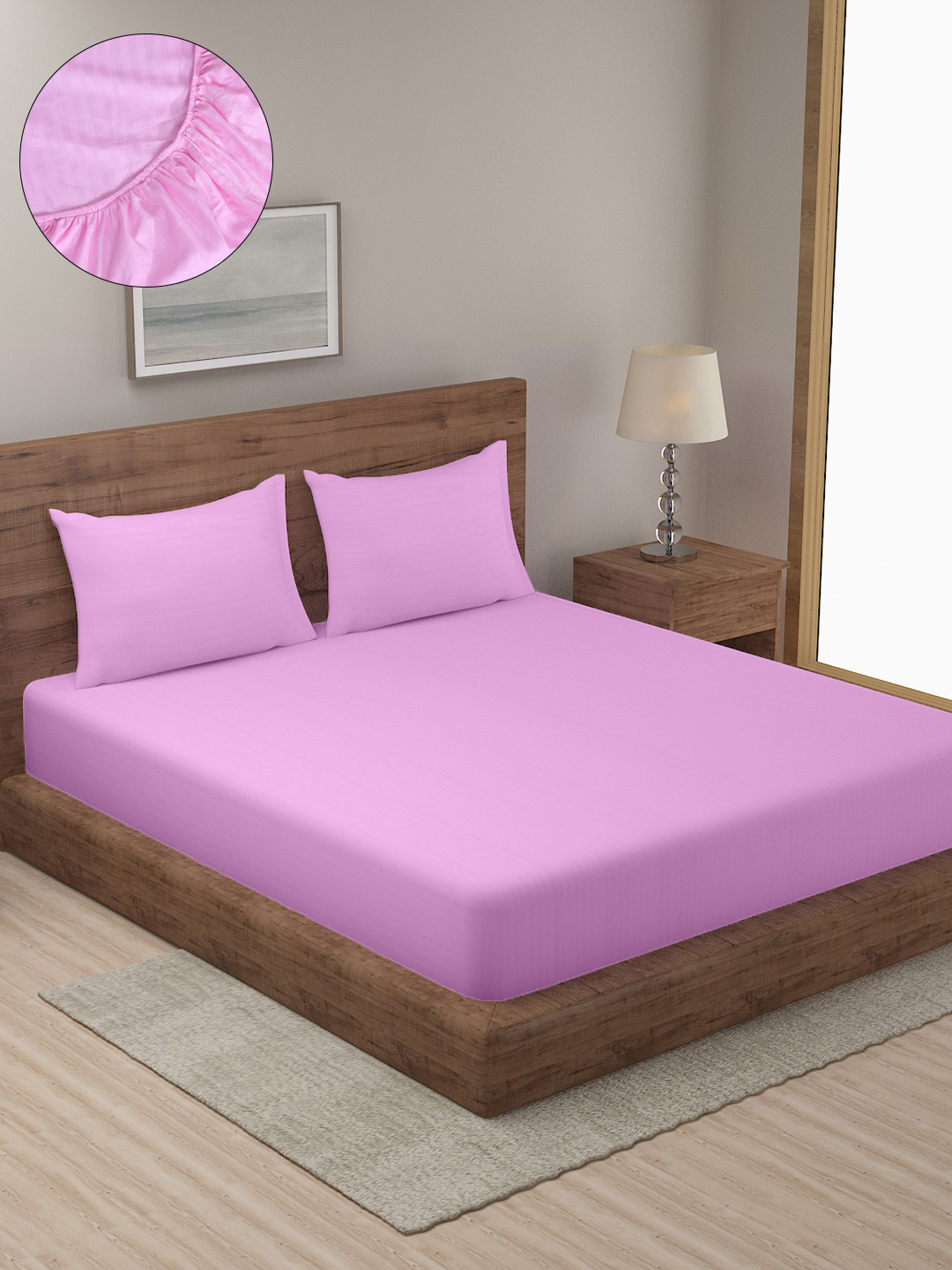 HOSTA HOMES Pink Striped 300 TC King Bedsheet with 2 Pillow Covers