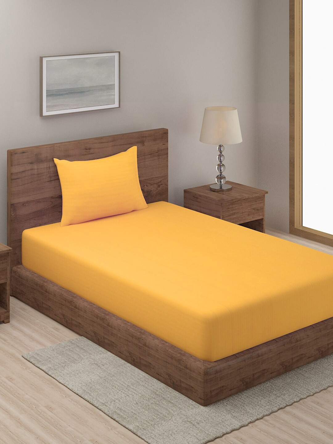 HOSTA HOMES Yellow Poly Satin 300 TC Single Fine Bedsheet with a Pillow Cover-59 x 87 inches