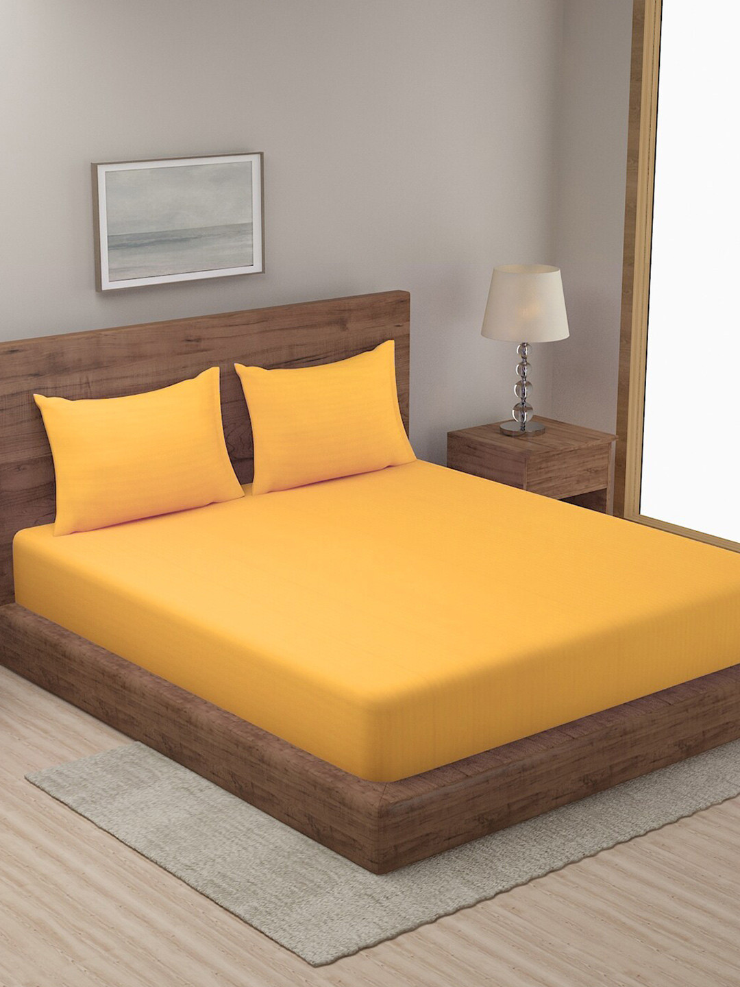 HOSTA HOMES Yellow Striped Satin 280 TC King Fine Bedsheet with 2 Pillow Covers-90 x 108 inches