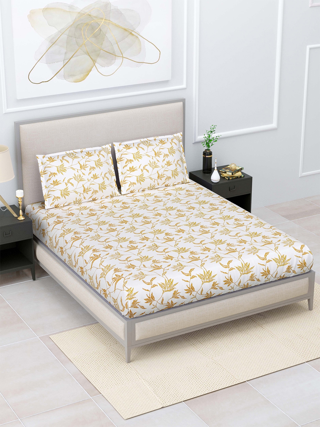 Home Fresh Gold-Toned & White Floral 120 TC King Bedsheet with 2 Pillow Covers
