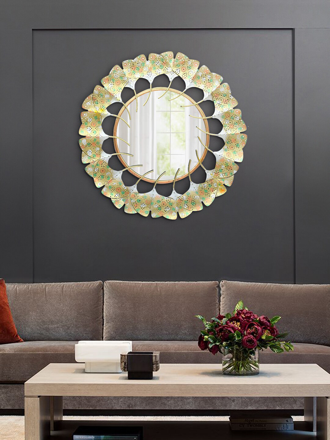 Aapno Rajasthan Gold-Toned Majestic Round Wall Mirror With Leaf Border