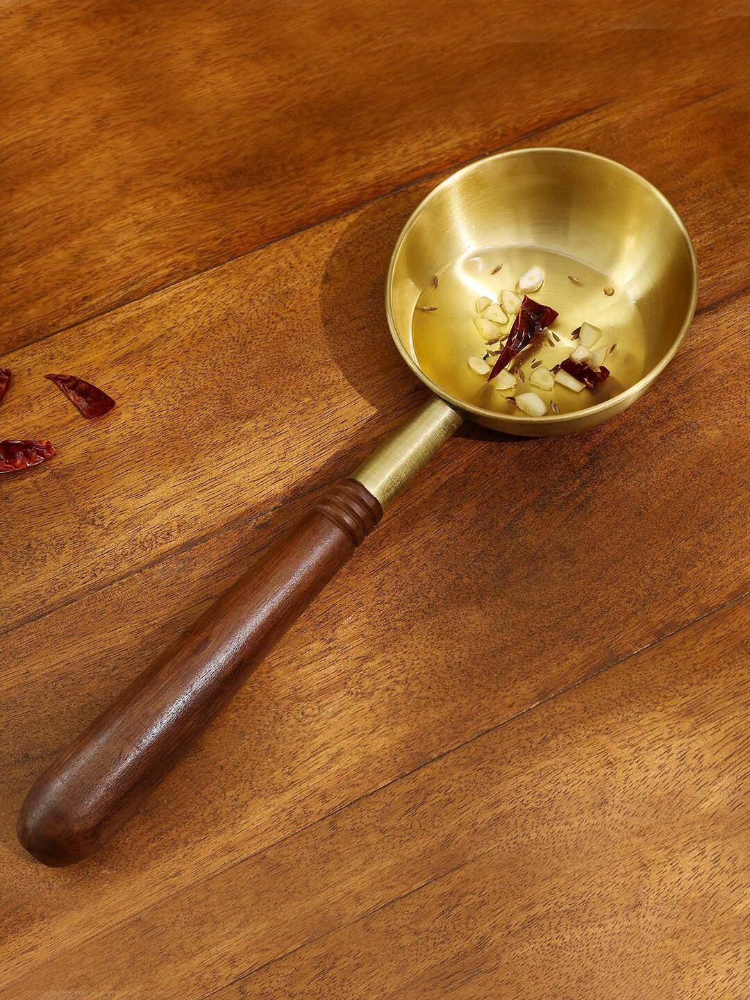 ellementry Brass Gold-Toned & Brown Tadka Pan With Wooden Handle