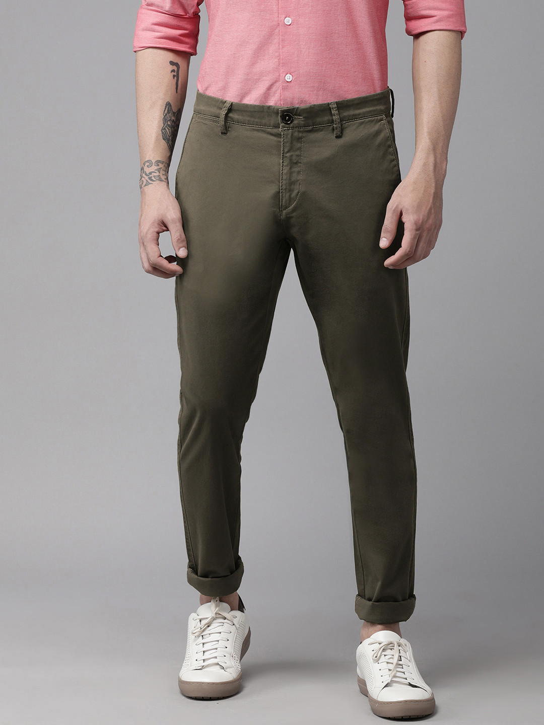 U S Polo Assn Men Olive Green Slim Fit Solid Mid-Rise Regular Trousers