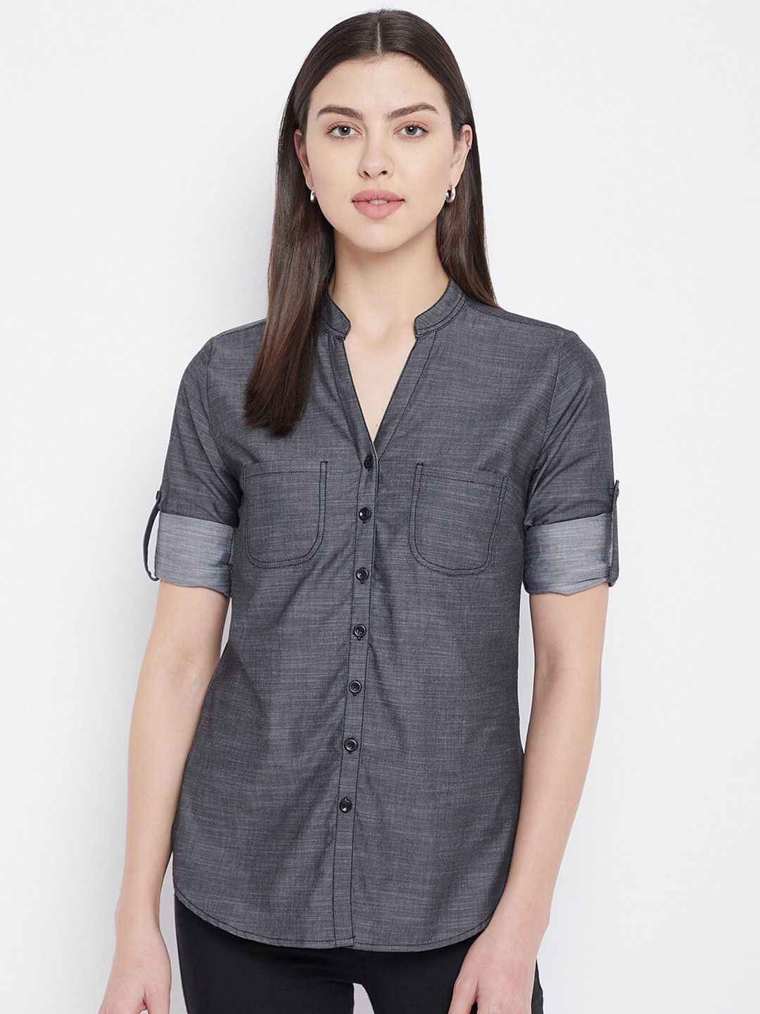 Ruhaans Women Grey Classic Denim Casual Shirt