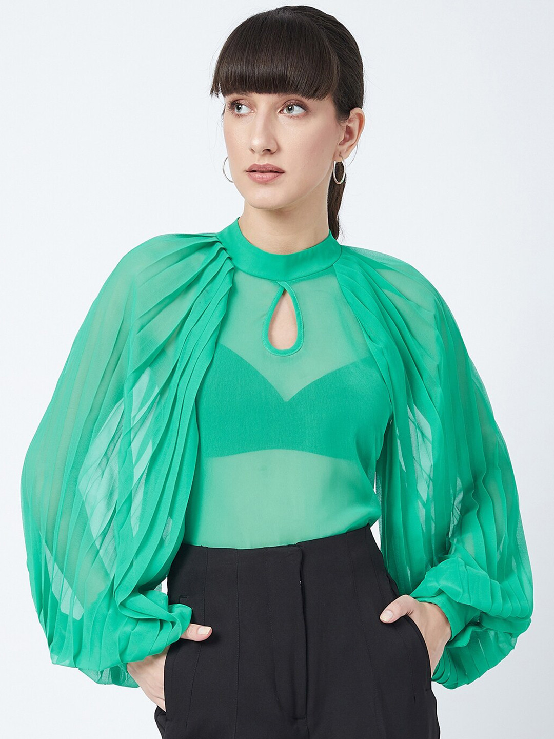 DELAN Green Keyhole Neck Bishop Sleeves Georgette Top