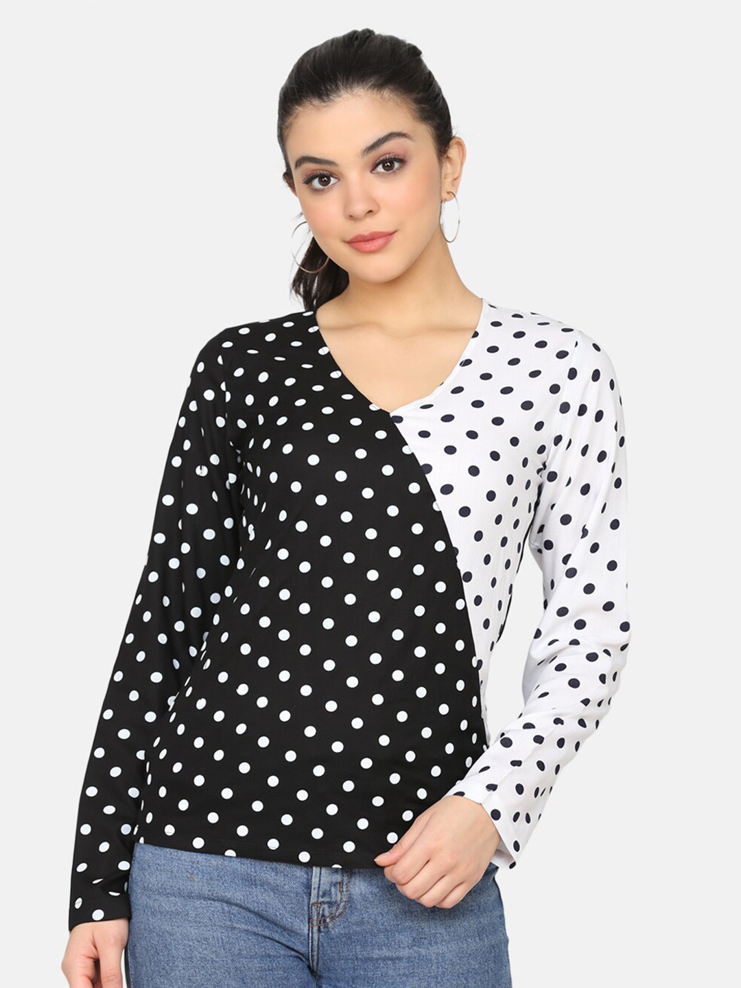 DELAN Black & White Polka Dots Print Top