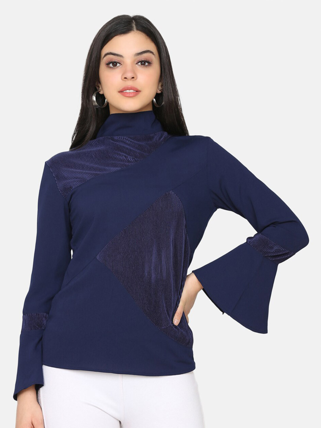 DELAN Women Navy Blue Crepe Top