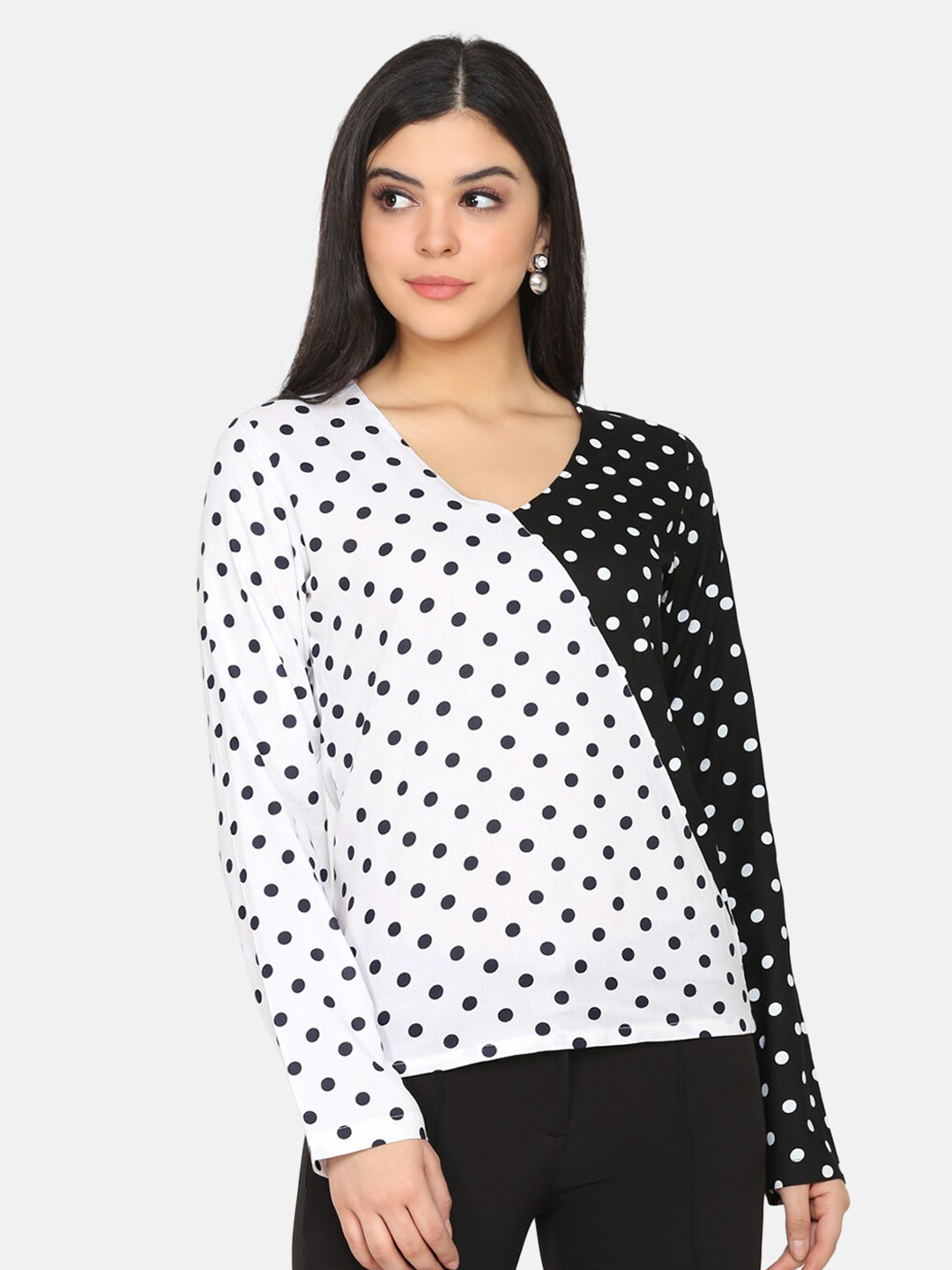 DELAN Women White & Black Polka Dot Printed Top