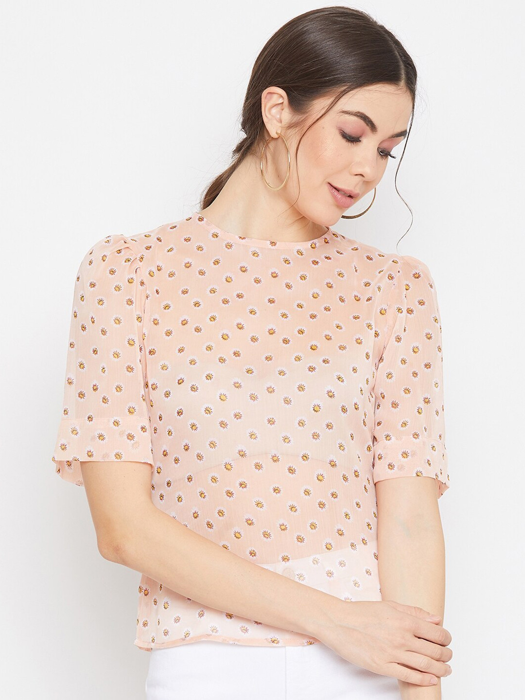 DELAN Peach-Coloured Floral Print Sheer Georgette Top