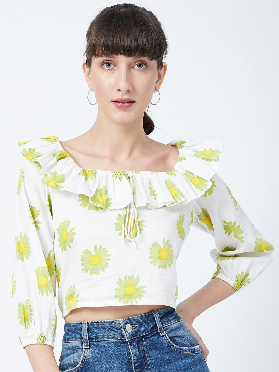 DELAN White & Yellow Floral Print Ruffles Crop Top