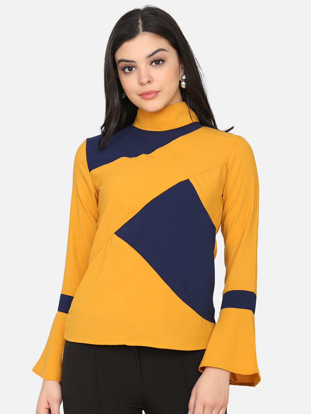 DELAN Yellow & Navy Blue Colourblocked Crepe Top