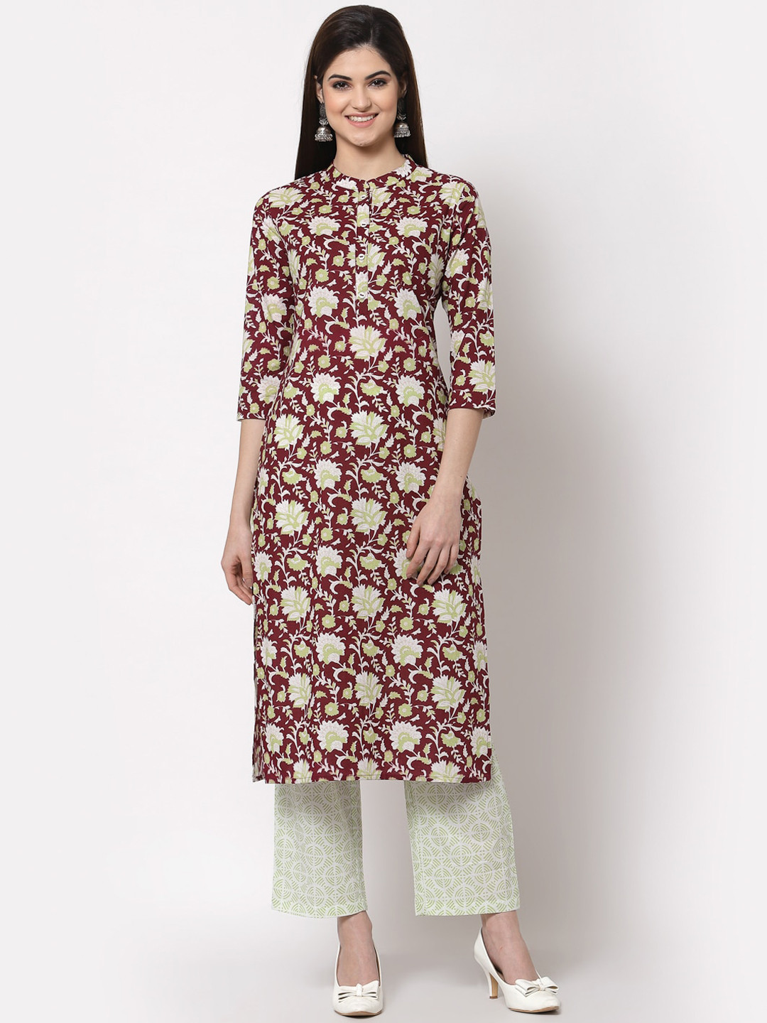 KBZ Women Maroon Floral Printed Pure Cotton Kurta with Palazzos