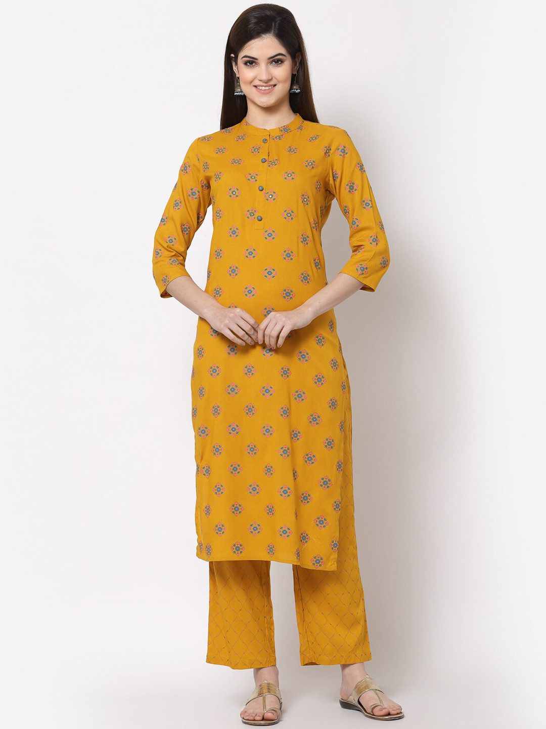 KBZ Women Yellow Ethnic Motifs Printed Cotton Kurta with Palazzos