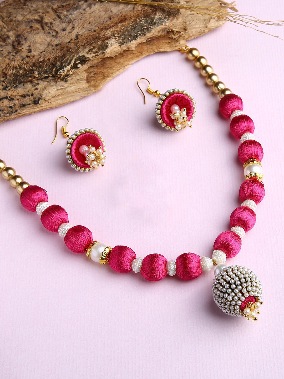 AKSHARA Girls Gold-Plated & Pink Silk Thread Jewellery Set