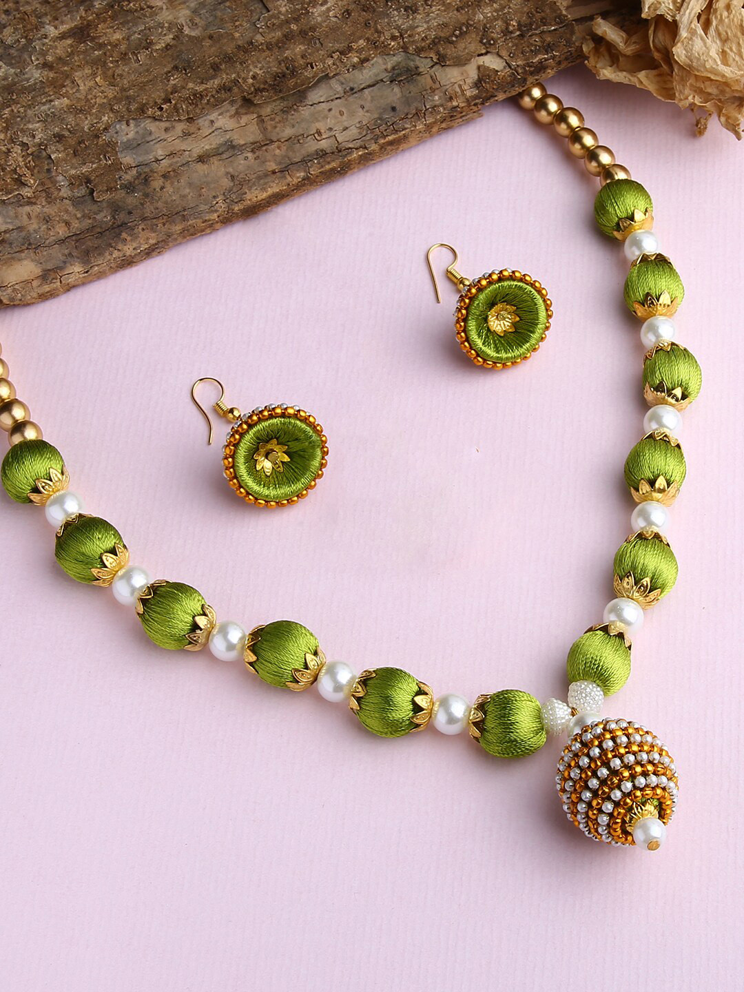 AKSHARA Gold-Plated & Green Silk Thread Jewellery Set