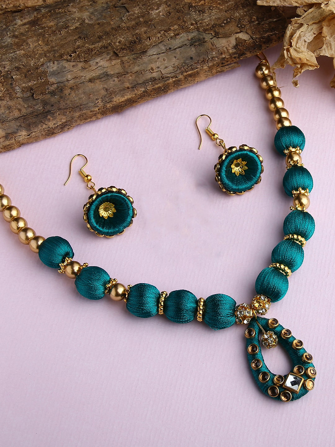 AKSHARA Girls Teal Green Gold-Plated Ethnic Handcrafted Silk Thread Jewellery Set