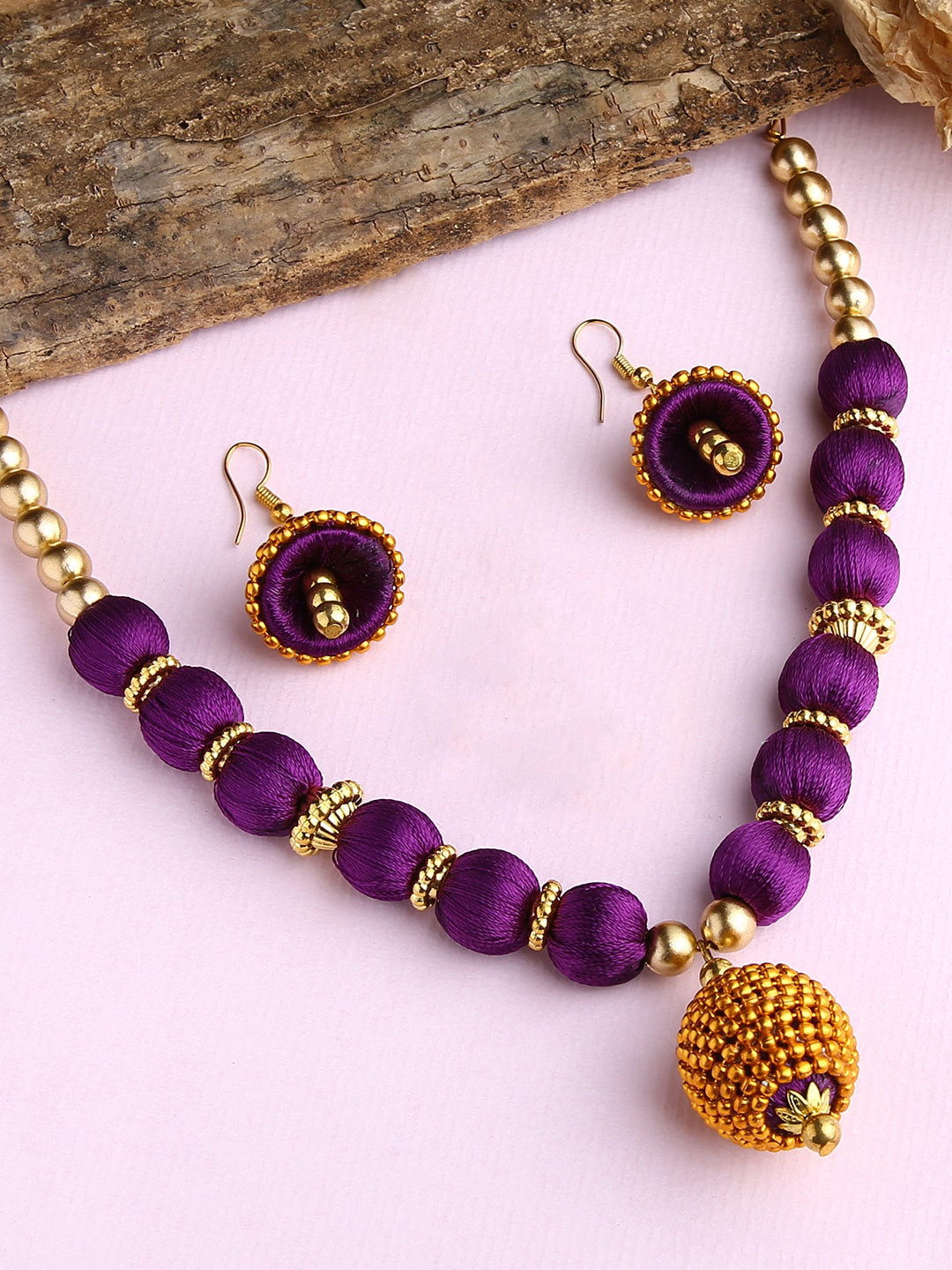 AKSHARA Gold-Plated & Purple Stone-Studded & Beaded Wooden Balls Silk Thread Jewellery Set