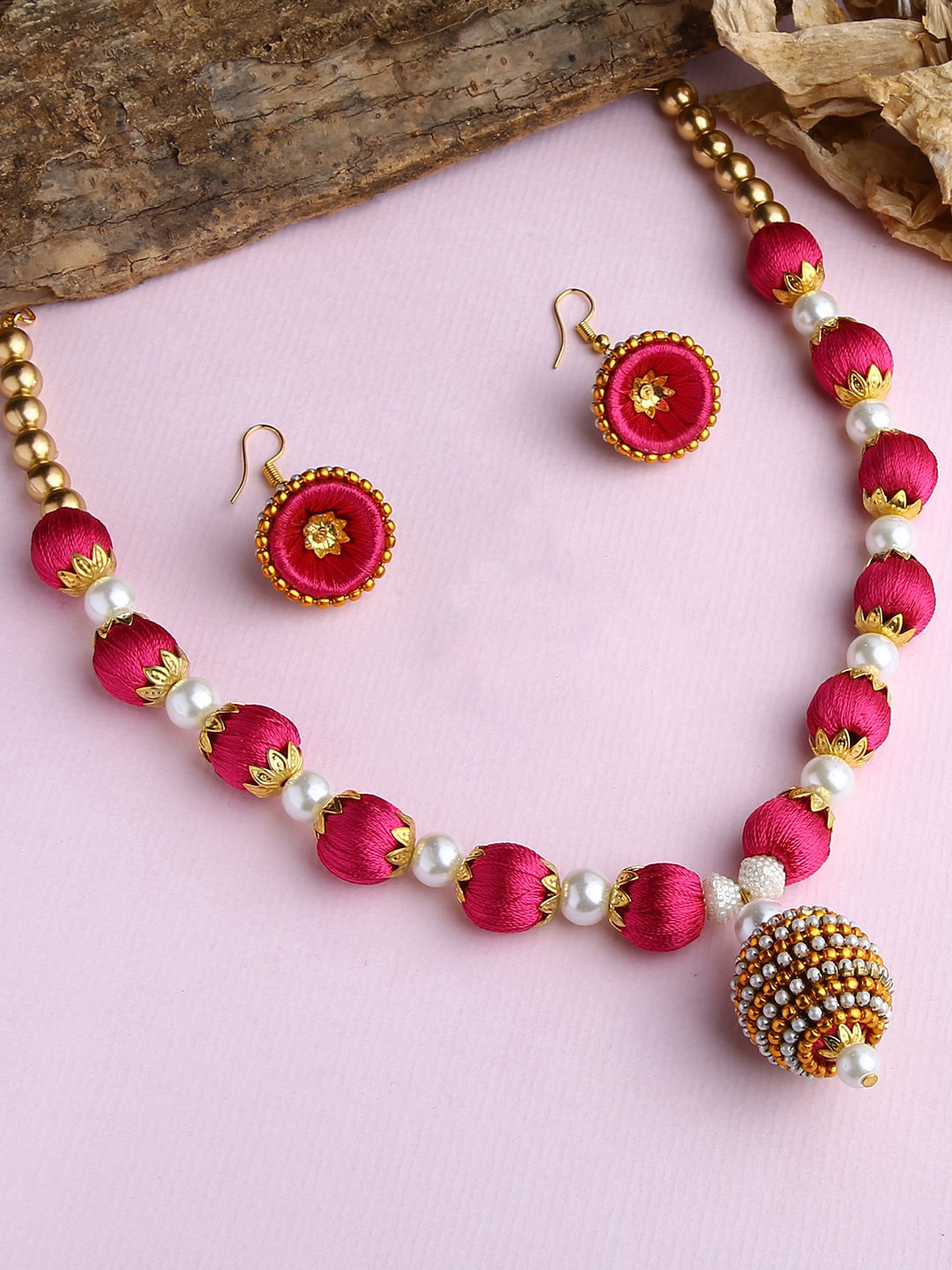 AKSHARA Gold-Plated & Pink Silk Thread Jewellery Set