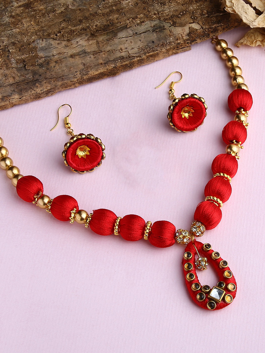 AKSHARA Gold-Plated & Red Stone-Studded Silk Thread Jewellery Set