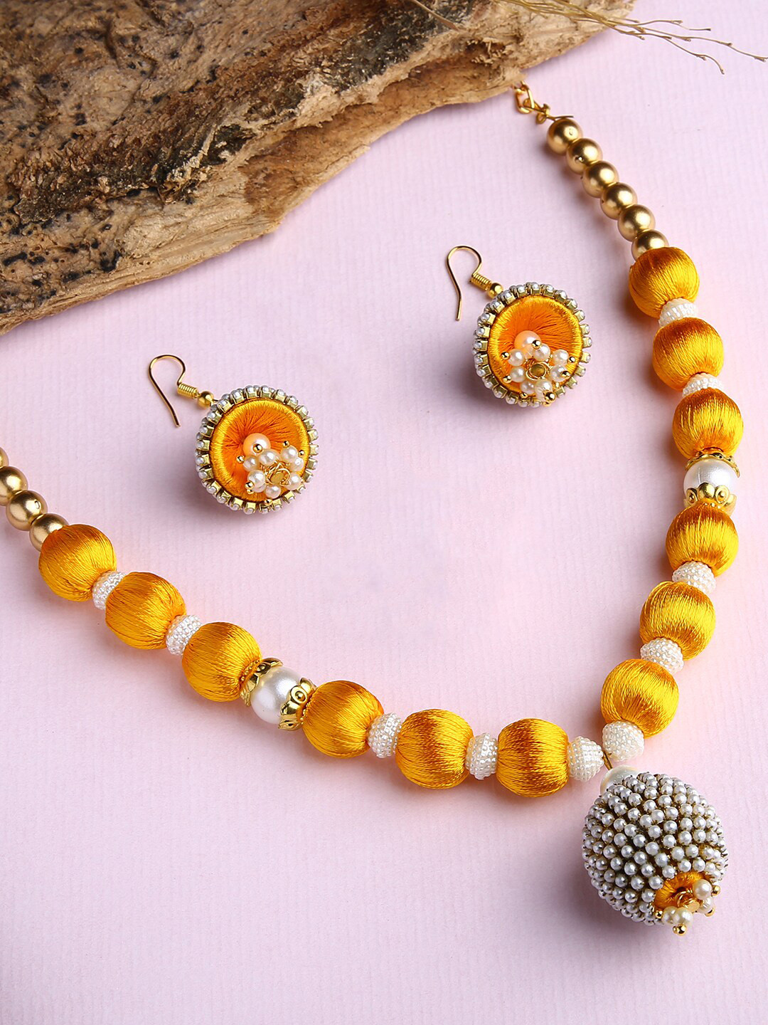 AKSHARA Gold-Plated & Yellow Silk Thread & Beaded Jewellery Set