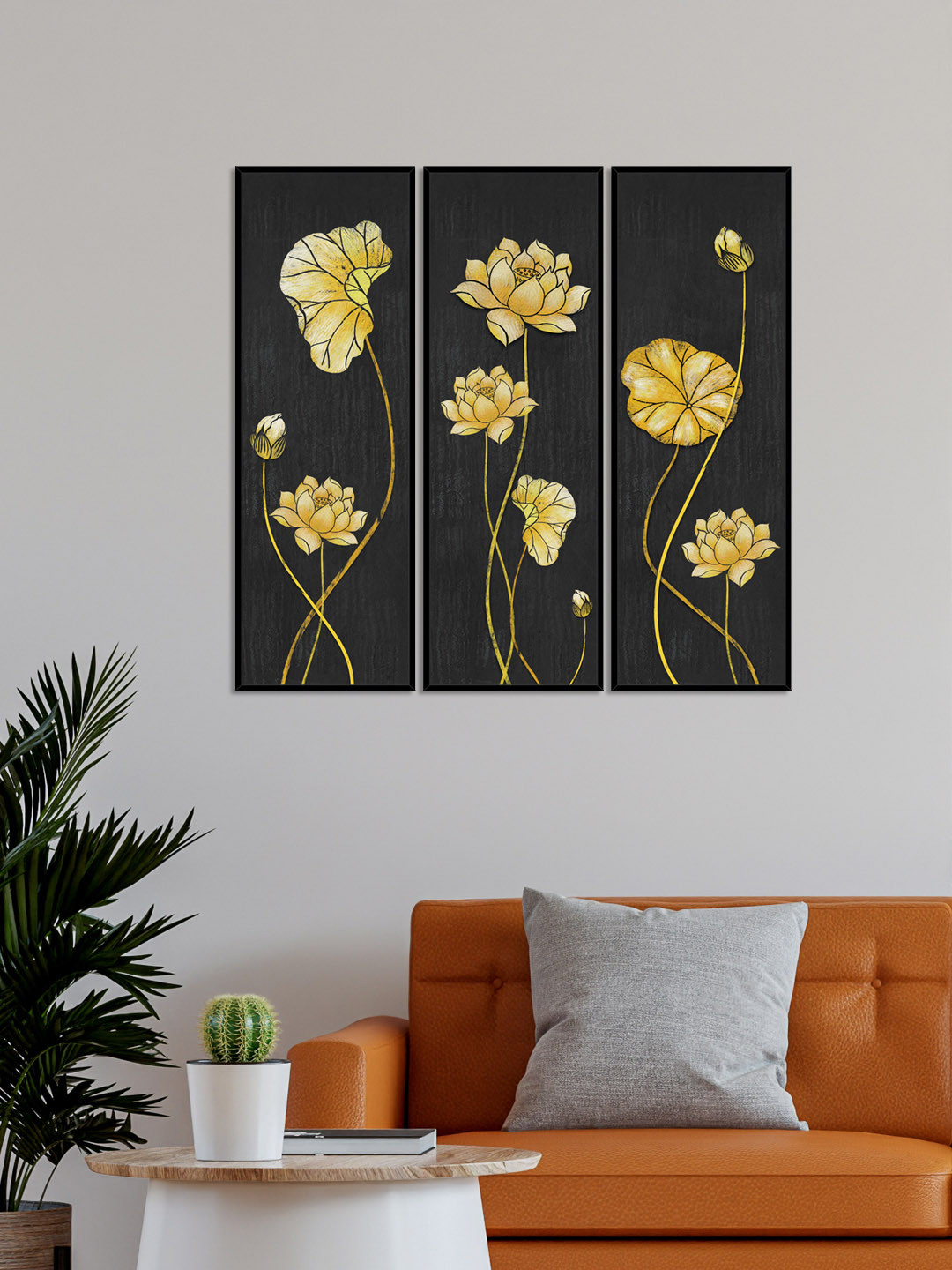 999Store Golden Lotus 3 Piece Floral Printed Rectangle Paintings Wall Art-29.9 x 10.2In